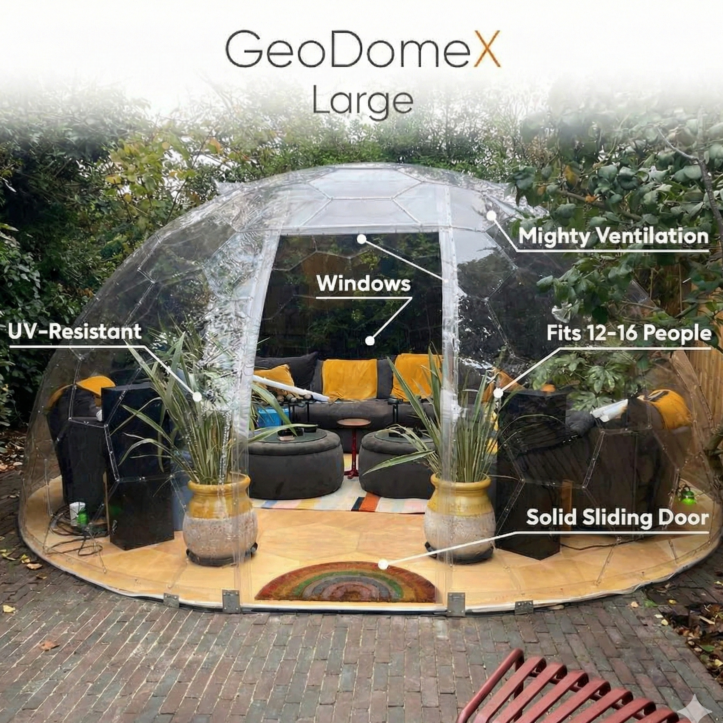 Large transparent dome structure with features highlighted, labeled 'GeoDomeX'.